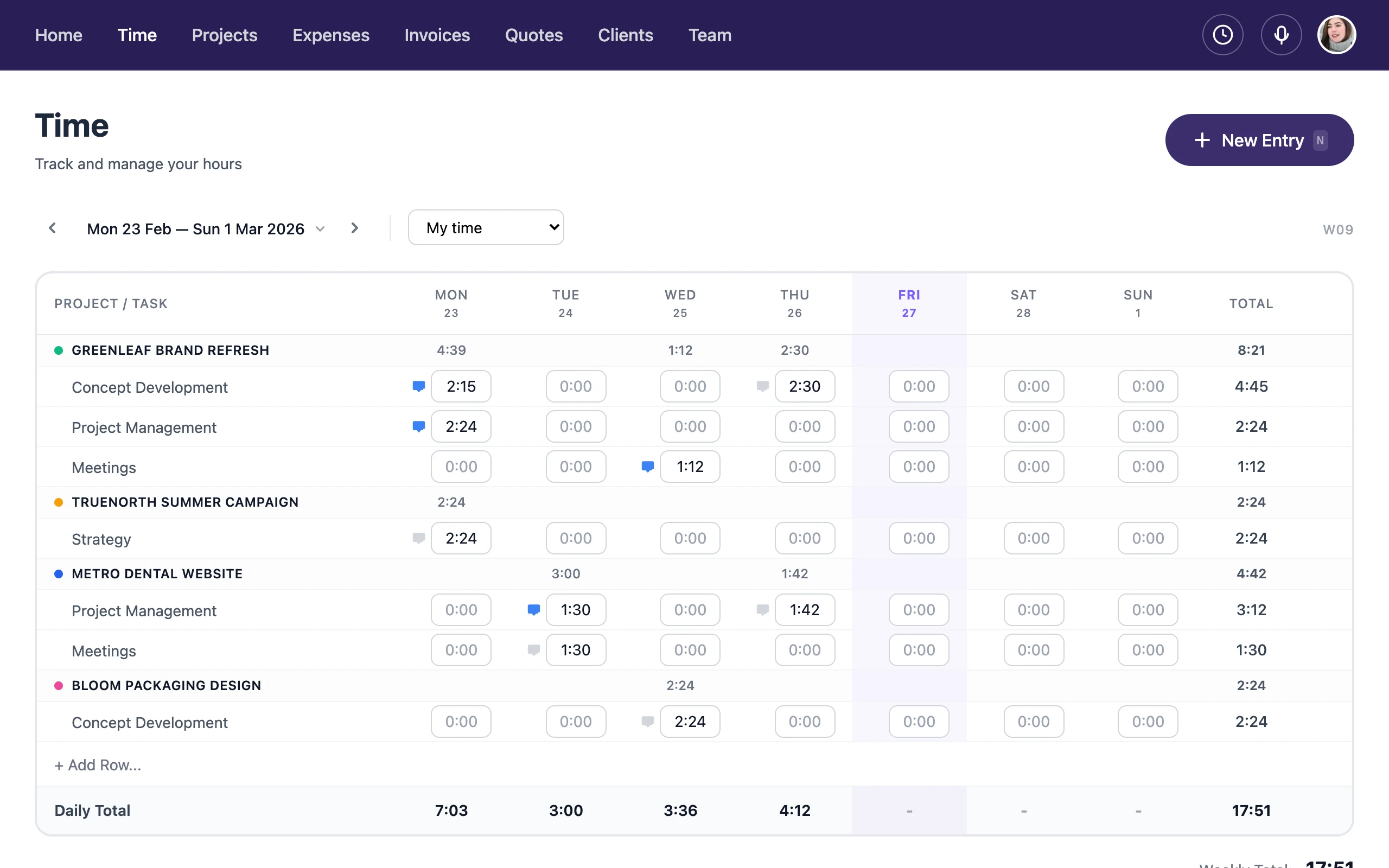 HeyGopher Time Tracking — weekly timesheet with project and task breakdown